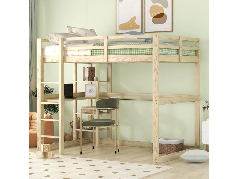  Lit mezzanine enfant 140x200 cm en pin naturel avec bureau et 4 rangements  - Conforama D