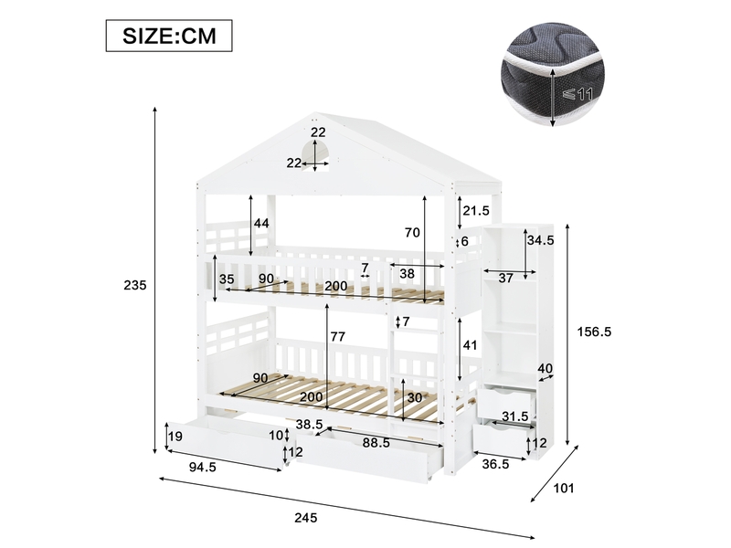 Lit superposé 90×200 cm 2 places avec échelle, tiroirs et rangement latéral, bois blanc sans matelas - Conforama E