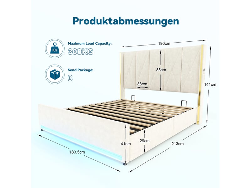 Lit coffre 180 x 200 cm en velours beige avec led, ports usb et type-c - Conforama E