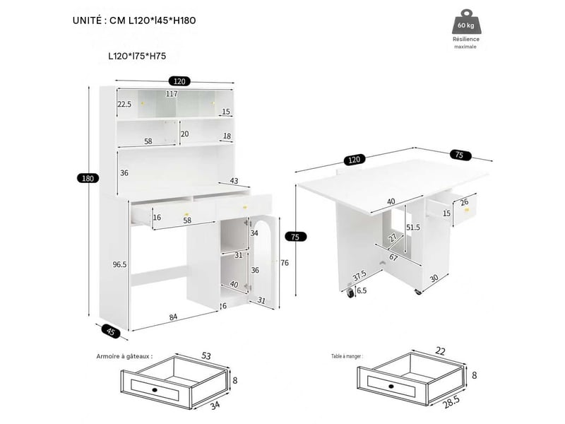  Ensemble buffet de cuisine et table pliable mdf blanc 120x45x180 cm - pangivo  - Conforama C