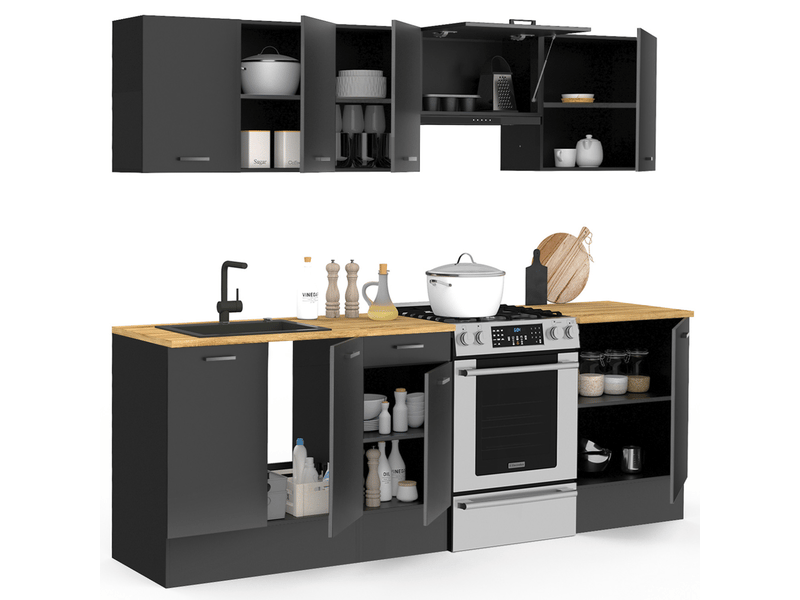 Cuisine complète 240 cm subtil avec plan de travail 7 éléments noir et plateaux bois - Conforama D