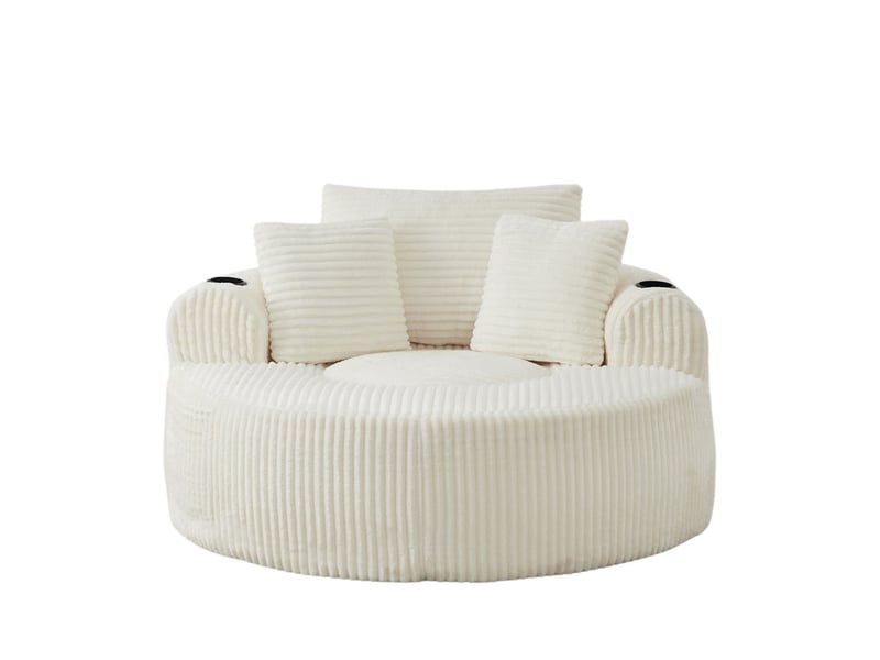  Canapé droit, canapé lounge rond en velours côtelé, avec 3 coussins, 2 porte-gobelets, pour salon ou chambre, 63 x 142 x 142 cm, beige  - Conforama A