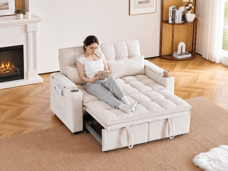  Canapé convertible 3-en-1 142 cm en chenille, lit gigogne, rangements, porte-gobelets et coussins, beige, design actuel  - Conforama B