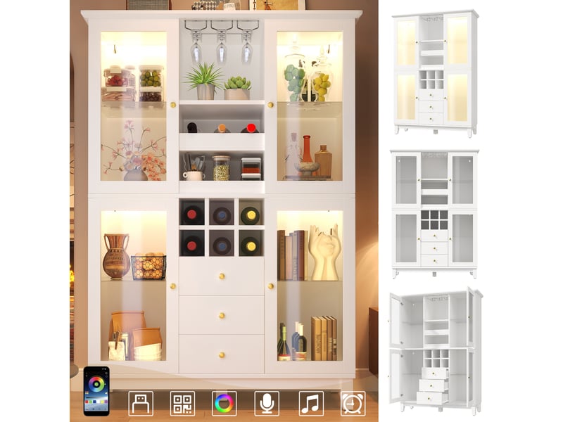  Vaisselier à vin 120 x 40 x 180,5 cm – blanc – led rgb pilotée par application, 3 tiroirs et porte-bouteilles  - Conforama E