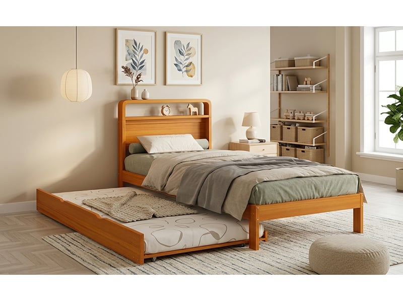  Lit en pin 90x200 cm avec lit gigogne 90x190 cm couleur bois naturel bois massif fonction 2 en 1 tête arrondie pour chambre enfant ou invités Sol Morn - Conforama D