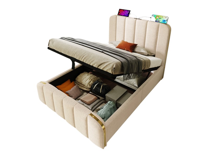  Modenvie lit coffre 90x200 cm - ports usb et usb-c, matelas inclus, rangement hydraulique - beige  - Conforama A