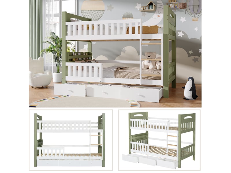  Lit superposé enfant 90x200 cm blanc et vert avec 3 tiroirs et étagère  - Conforama E