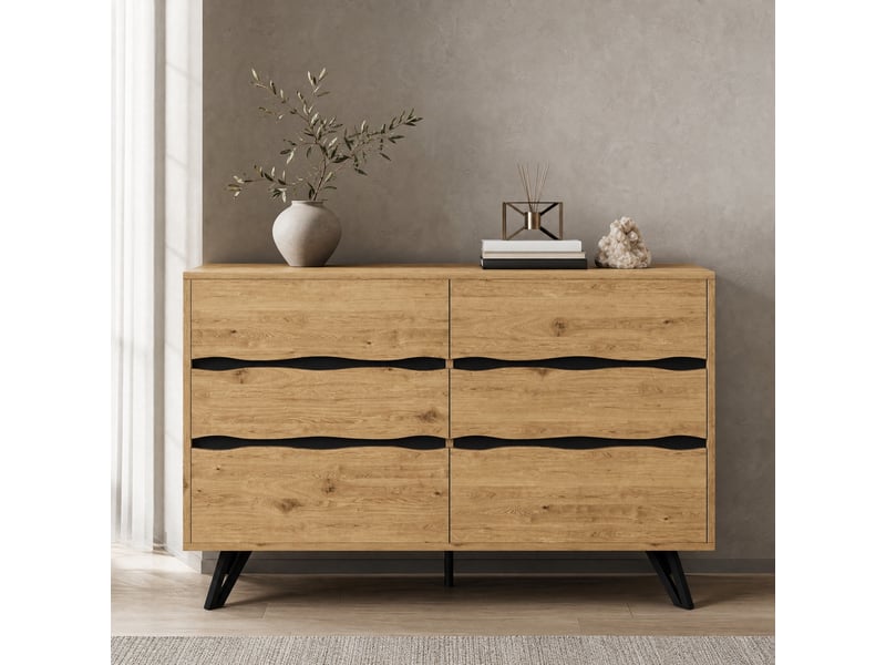 Buffet à 6 tiroirs 120x40x75.5 cm, pieds en métal noir, coloris naturel  - Conforama D