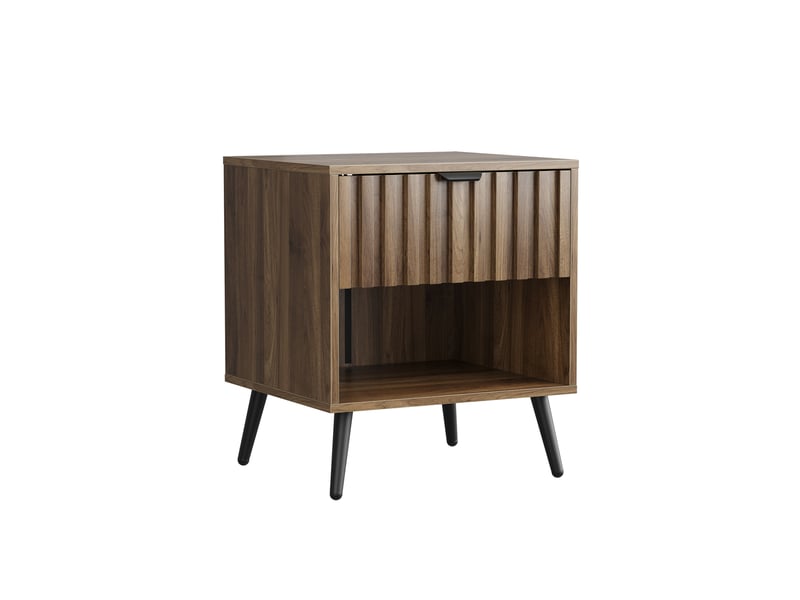  Table de chevet moderne 45 x 40 x 53 cm avec tiroir intégré, niche ouverte, mdf décor noyer, pieds en métal  - Conforama A