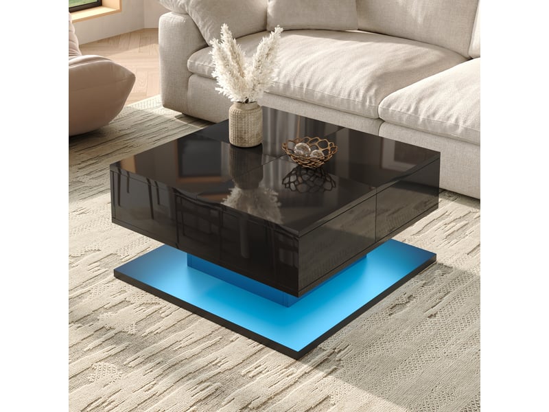  Table basse relevable avec 2 tiroirs, rangement et led pour salon en mdf 72×72×35 cm noir  - Conforama D