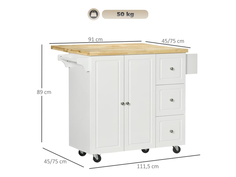  Desserte îlot de cuisineplateau rabattable 3 tiroirs 1 placard porte-torchons et porte-épices blanc 111,5 x 75 x 89 cm  - Conforama C