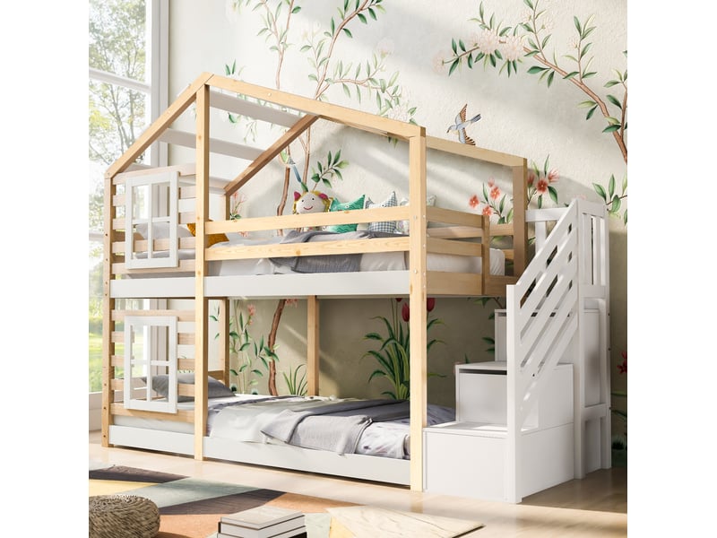  Lit superposé enfant cabane 90x200 cm avec rangement, bois et mdf naturel blanc  - Conforama C