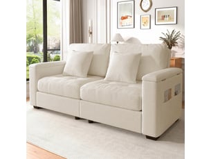 Canapé droit 2 places 180x81,5x84 cm, tissu chenille beige, rangement dans les accoudoirs, poches latérales, 2 coussins, mousse haute densité