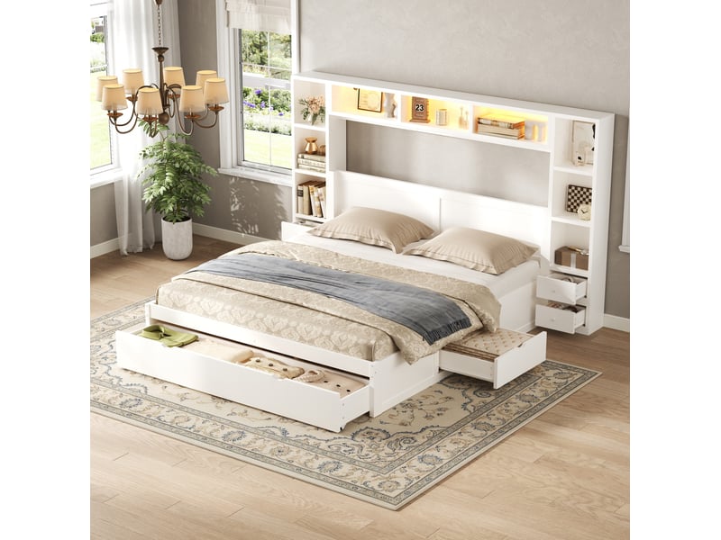Lit adulte 140x200 cm avec rangements et éclairage led, lit 2 places en mdf et contreplaqué blanc, sans matelas - Conforama W