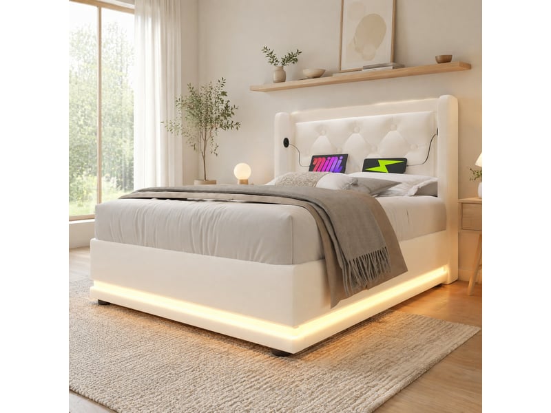  Modenvie lit coffre 90x200 cm - led 3 faces, usb-c et rangement hydraulique - matelas inclus - blanc  - Conforama B