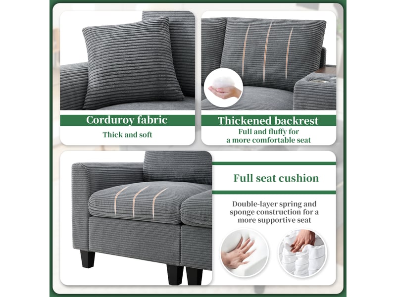 Canapé d'angle 4 places avec console et ports usb, pouf de rangement en velours côtelé gris, 229 × 149,5 × 83 cm - Conforama E