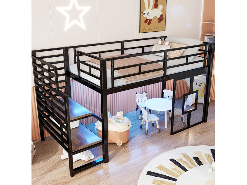  Lit mezzanine enfant 90x200 cm, pour chambre, avec escalier de rangement, led et fenêtres, métal et mdf, couleur noir  - Conforama D