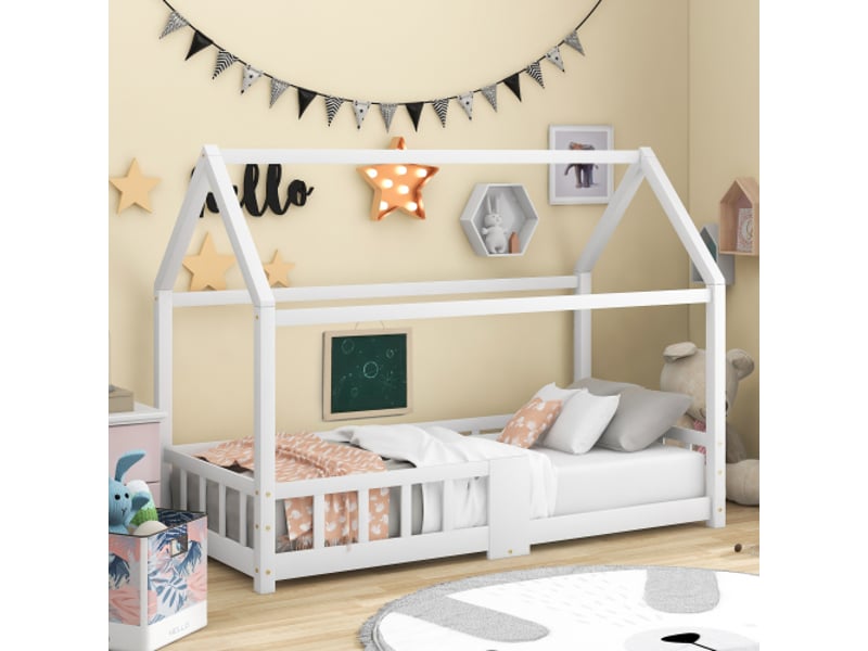  Lit cabane 90x200 cm, lit enfant avec tableau noir, barriéres de sécurité et sommier à lattes, en bois, blanc, sans matelas  - Conforama B