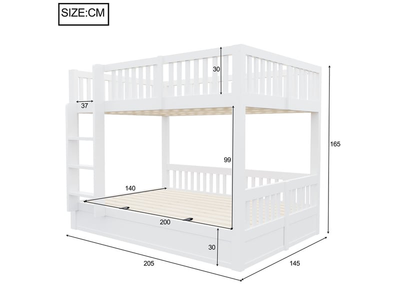  Lit superposé enfant 140x200, avec coffre hydraulique robuste, rangement intégré, blanc  - Conforama C