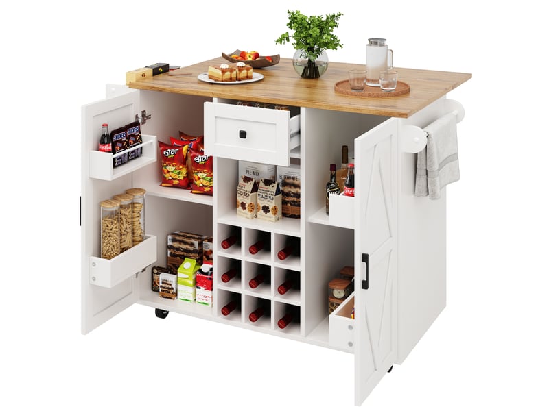  Desserte roulante,chariot de cuisine avec 2 portes,1 tiroir,1 niche,casier à vin,étagères à snack,plateau pliable,porte-serviettes et étagère latérale,blanc desserte blanc - Conforama A
