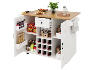 Desserte roulante,chariot de cuisine avec 2 portes,1 tiroir,1 niche,casier à vin,étagères à snack,plateau pliable,porte-serviettes et étagère latérale,blanc