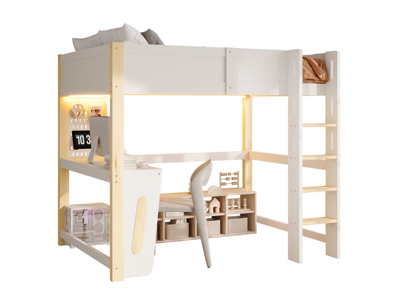 Lit mezzanine 140x200 cm, bureau, panneau perforé, led réglable, bois de pin et mdf, naturel et blanc sans matelas - Conforama A