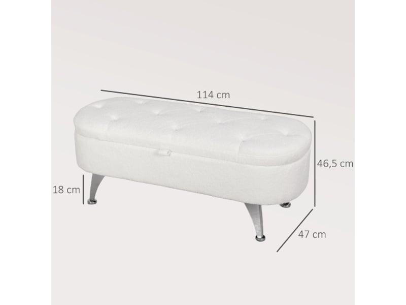  Banc coffre blanc 114x47x46,5 cm, effet teddy, couvercle, cadre métallique, salon et chambre  - Conforama B