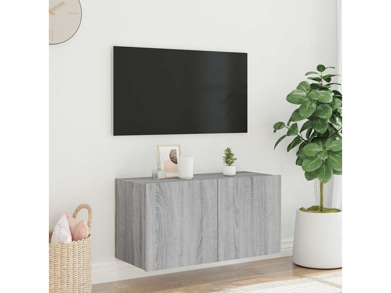  Meuble tv - banc tv - meuble de rangement mural avec lumières led sonoma gris 80x35x41 cm  - Conforama E