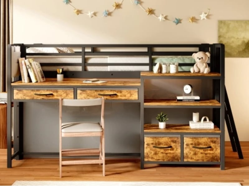  Lit mezzanine 90 × 200 cm, métal, bureau, étagères, tiroirs tissu, rideau, espace jeux sous le lit, éclairage led, noir  - Conforama B