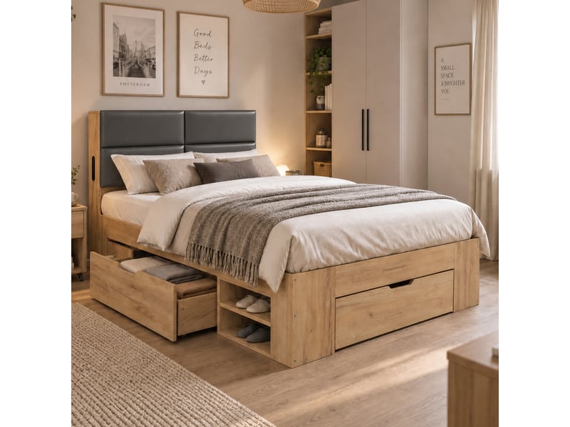  Lit coffre 90x200 cm rangements et ports usb en mdf coloris naturel  - Conforama B