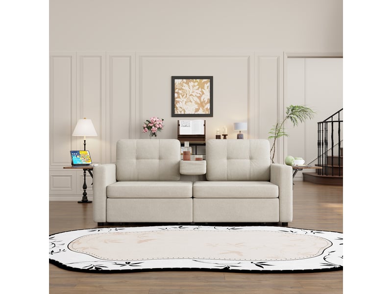  Canapé 2 places 178x71x57.5 cm, tablettes réglables et rangements en chenille beige  - Conforama D