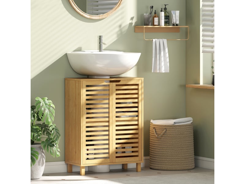  Meuble sous-évier avec 2 portes à lattes de bambou, étagère réglable pour éviers avec ou sans colonne, finition naturelle  - Conforama C