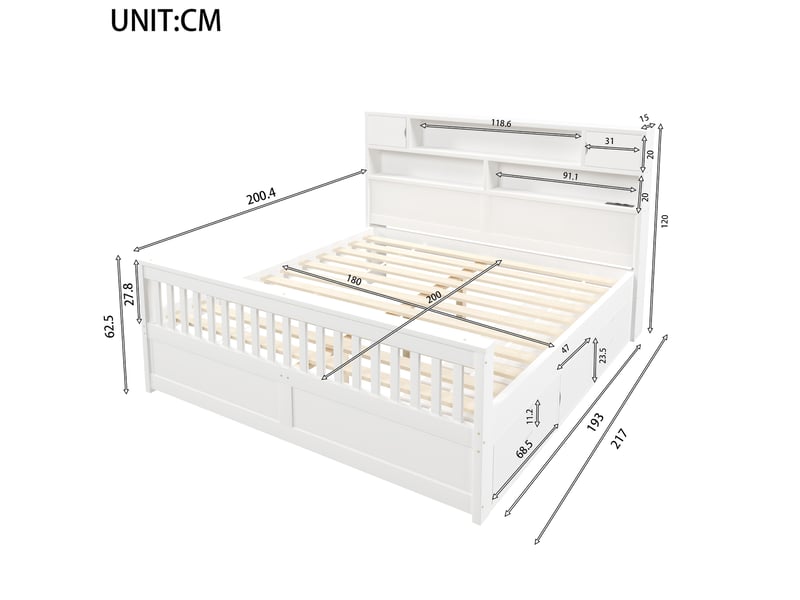  Lit avec rangement 180x200 cm blanc avec rangements, led, usb et 4 tiroirs  - Conforama C