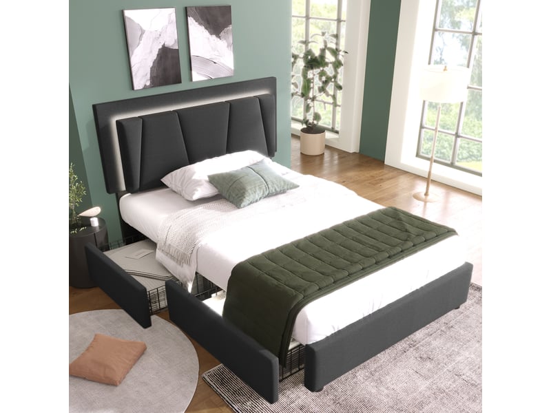 Lit jeune 90x200 cm avec tête réglable et 2 tiroirs, lin et métal, gris, sans matelas - Conforama B