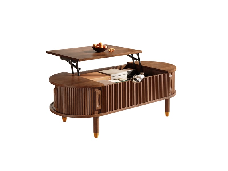  Table basse ovale relevable avec 2 portes et rangement 110x48x57 cm mdf coloris noyer  - Conforama A