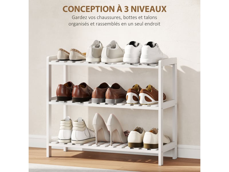  Étagère à chaussures, porte-chaussures 3 niveaux, étagères à lattes, blanc, en bois de pin， 70 x 26 x 57,5 cm  - Conforama A