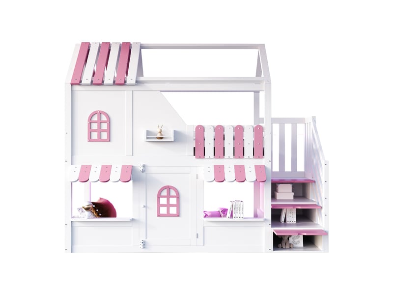Lit mezzanine enfant 90x200 cm avec toit et fenêtres-led et échelle avec rangements-structure avec barrières en bois-blanc rose - Conforama A