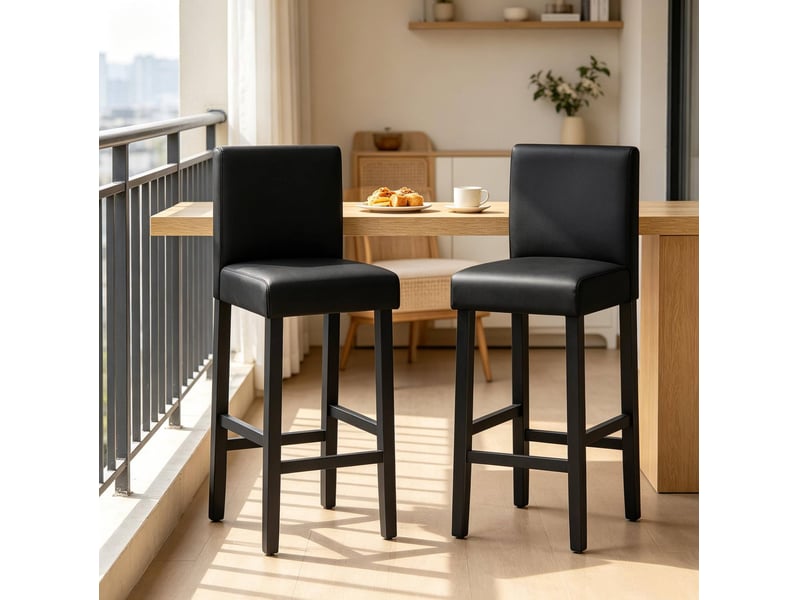 Tabouret de bar lot de 2 avec dossier et repose-pieds, assise rembourrée en similicuir noir et bois - Conforama D