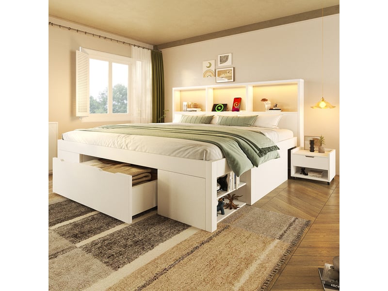 Lit double avec rangement 140x200 cm, lit en bois avec 2 tables de chevet mobiles, led et usb-c, tiroir et étagères - blanc (sans matelas) - Conforama C