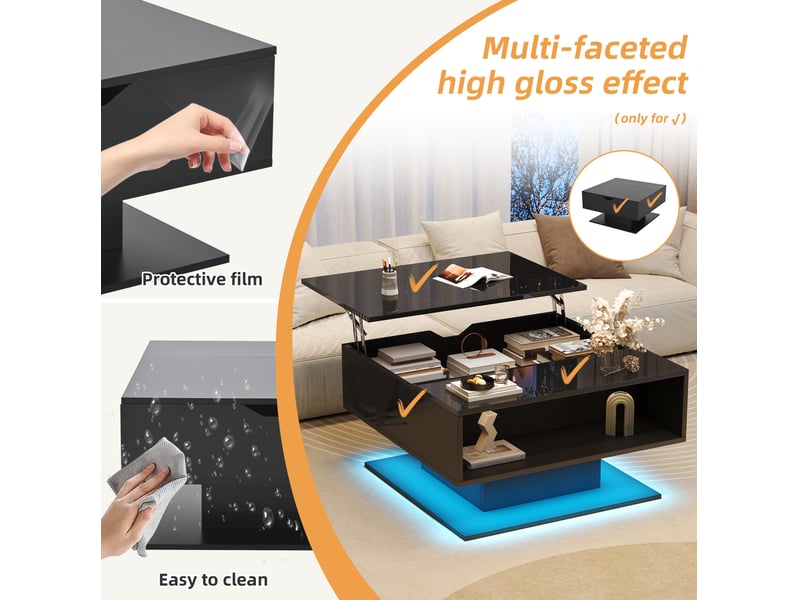  Table basse relevable avec espace caché, niche ouverte et led pour salon, 80 × 75 × 40 cm, en panneaux de particules, noir  - Conforama E