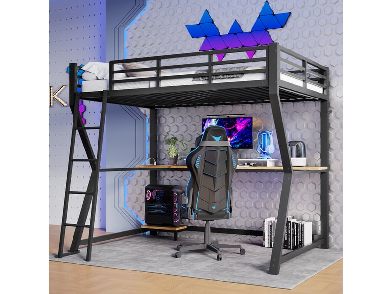 Lit mezzanine 90 x 200 cm avec bureau, led, prises usb et étagère pc noir - Conforama D