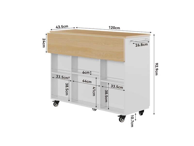Desserte de cuisine 120x43,5x92,9 cm, plateau rabattable et structure en mdf, meuble de cuisine, blanc et chêne clair - Conforama C