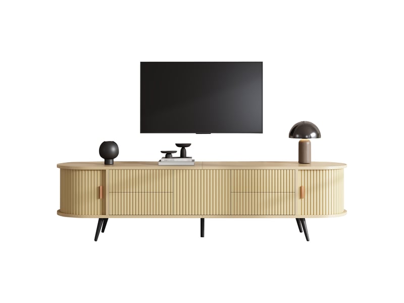  Meuble tv ovale 180 x 40 x 45 cm, finition aspect bois, 4 tiroirs, 1 compartiment à porte coulissante, pour téléviseur jusqu'à 80 pouces  - Conforama A