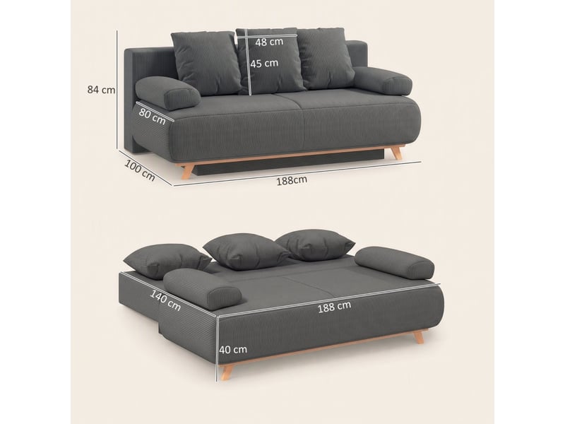 Canapé convertible avec coffre de rangement, banquette clic clac lit 2-3 places pour salon, et revêtement velours côtelé 188x100x84 cm, gris  - Conforama E