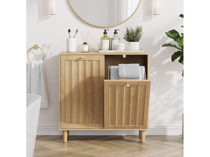  Meuble à linge incliné 69,5 x 35 x 70,5 cm avec deux paniers amovibles, mdf finition chêne  - Conforama B