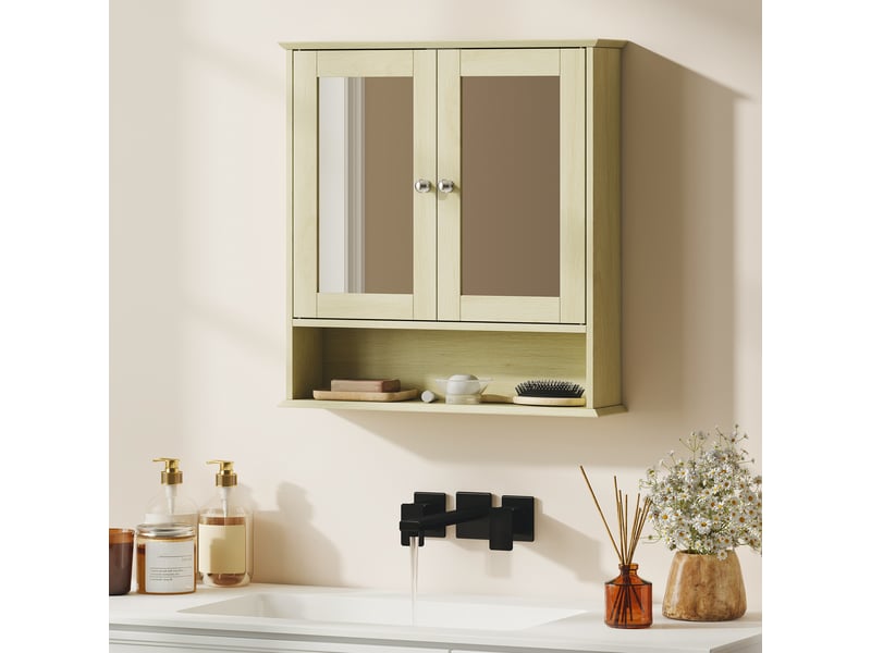  Armoire murale salle de bain avec miroir, 56 x 13 x 58 cm, meuble salle de bain avec portes miroir doubles bois naturel  - Conforama C