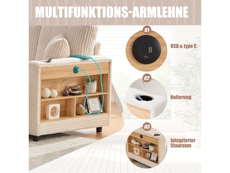  Canapé de salon, canapé velours – en velours tricoté, port usb, porte-gobelets, lit gigogne, avec accoudoirs, avec rangement  - Conforama W