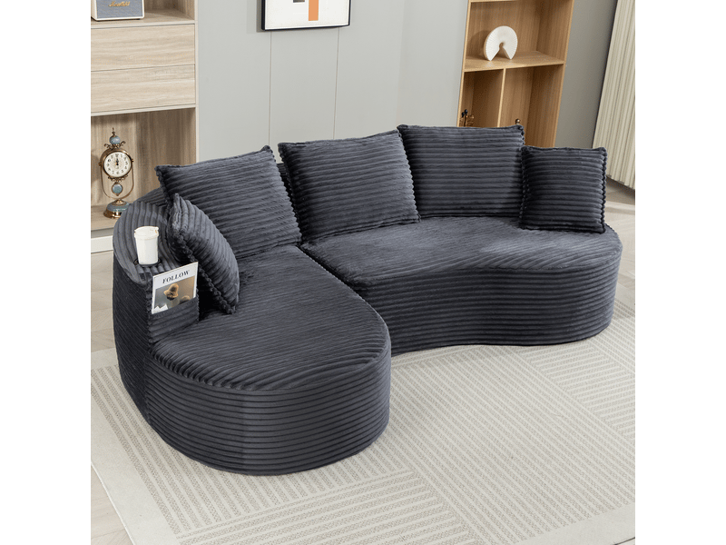 Canapé 3 places fixe en velours côtelé gris foncé, design arrondi avec porte-gobelets et rangements latéraux - Conforama E