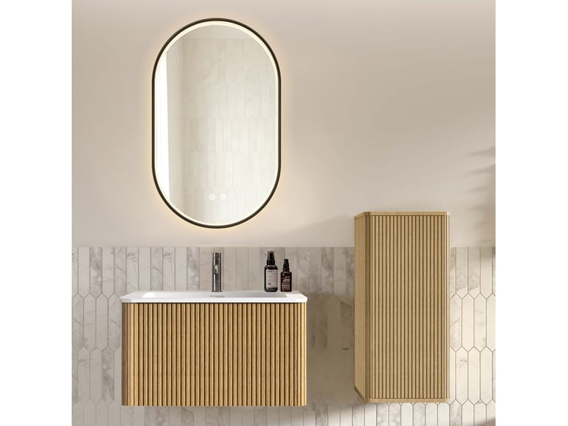 Ensemble meuble de salle de bains avec lavabo, meuble suspendu 81x46,5x37 cm, miroir led 50x80 cm et colonne, mdf, coloris chêne - Conforama C