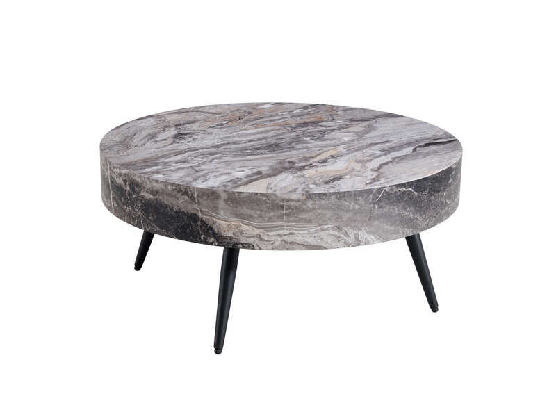  Table basse ronde 70 cm de diamètre, hauteur 35.5 cm, pieds réglables en mdf gris et métal noir  - Conforama A